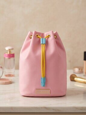 Prada Candy Sugar Pop Pink Satin Travel Toiletry Cosmetic Drawstring Closure Bag